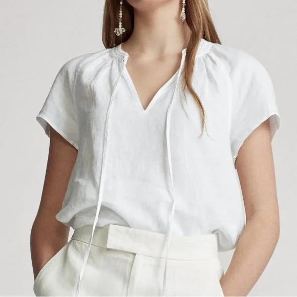 NWT Polo Ralph Lauren Crisp White Linen V-neck Tie Front Top XL - Picture 2 of 10